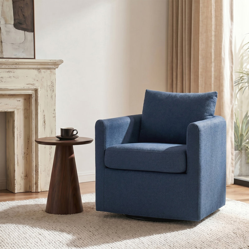 Nicha 29"W Modern Farmhouse Slipcovered Swivel Barrel Chair, Navy