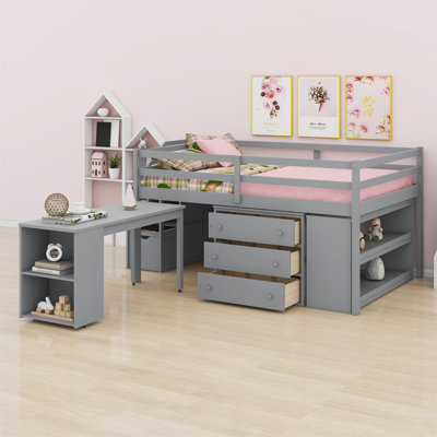 Loft Bed With Retractable Writing Desk And 3 Drawers, Wooden Loft Bed With Storage Stairs And Shelves