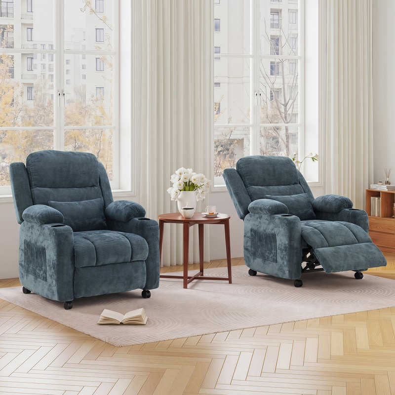  Modern Upholstered Chenille Fabric Electric Power Recliner with Massage, 360 Degree Swivel Sofa Seat with Drink Holder, Blue