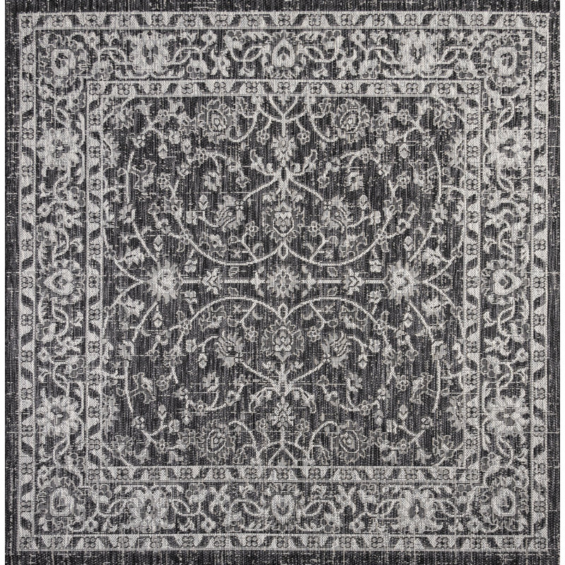 Markwart Vine and Border Textured Weave Black/Gray Indoor/Outdoor Rug, Square 5'3"