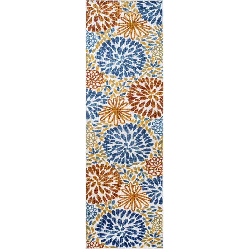 Weyland Floral Power Loom Blue/Orange Indoor/Outdoor Patio Rug, Runner 2'6" x 12'