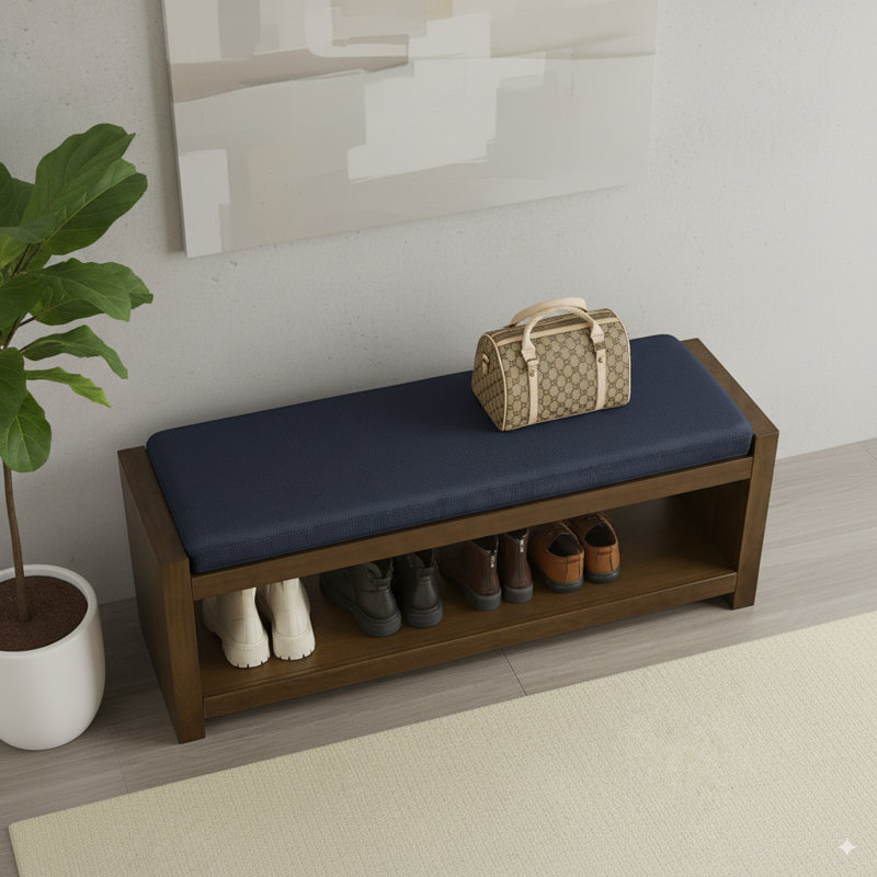 Accent Bench With Lower Shelf Shoe Rack, Padded Seating Bench, Navy Blue, 18.5" H x 47" W x 16.25" D