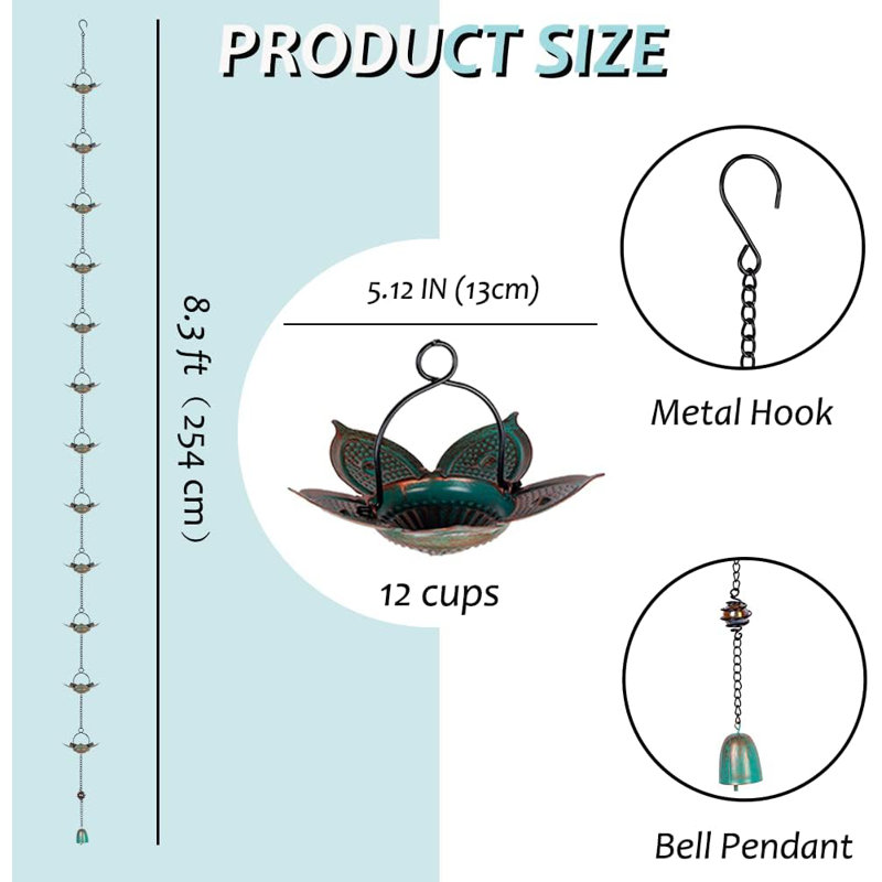 8.3 FT Lotus Rain Chain, Metal Rain Chains for Gutters with 12 Cups