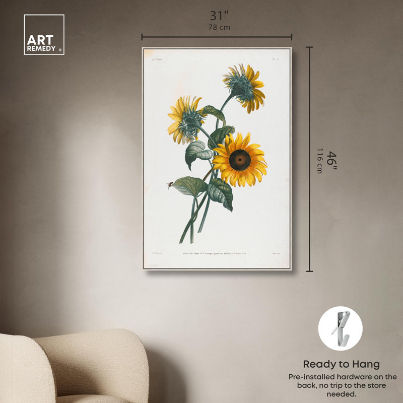 Art Remedy, impressions sur toile, tournesols, 1805, H 46 po x l 31 po, Cadre argenté flottant