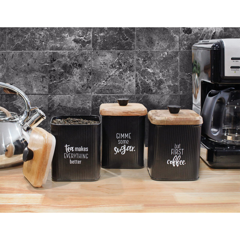Farmhouse Black Enamelware Canisters (Set Of 3); Storage Containers For Coffee, Tea And Sugar In Black Enamel And Wood Design
