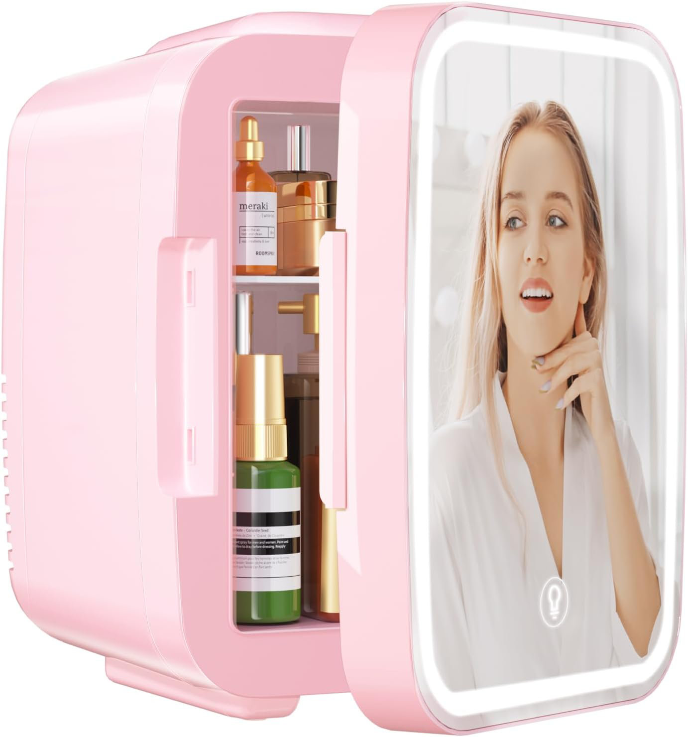 YASHE - Portable Mini Skincare Fridge with LED Mirror, 4L/6 cans, cooler & warmer for beauty, food, car - Pink | Fridge.com