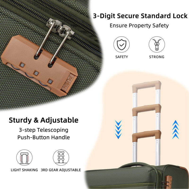 Ensembles de valises 4 pièces, valises souples avec roulettes, vert armée