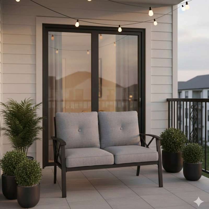 48" All-Weather Metal Loveseat 2 Seats Couch Sofa With Grey Cushions With Black Frame, Grey, Black