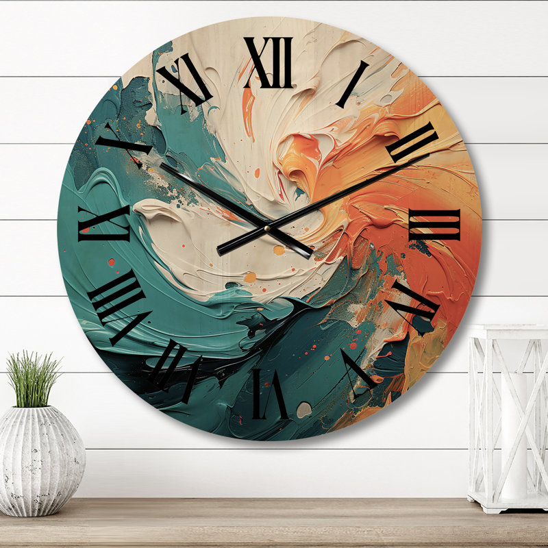 Swirling Marriage Of Electric Amber And Blue I - Abstract Spirals Oversized Wood Wall Clock, Moyenne