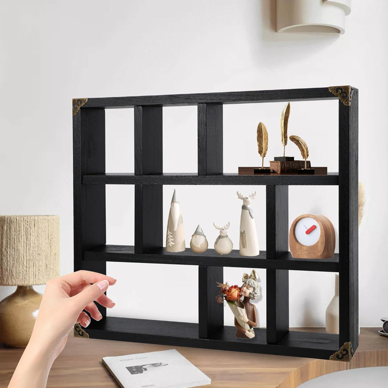 9-Slot Rustic Shadow Box Display Shelf, Wall-Mounted Or Freestanding, Black