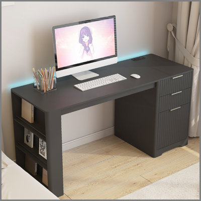 Bureau en L, bureau d'ordinateur avec tiroirs, bibliothèque, avec éclairage à DEL, bureau d'angle moderne, bureau à domicile, bureau d'écriture en L, bureau d'ordinateur de coin avec rangement
