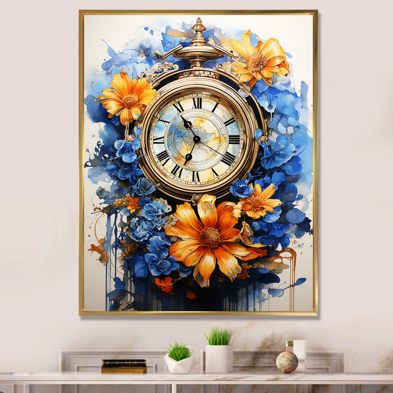 Boho Time, fleurs orange et plumes bleues, reproduction sur toile, H 32 po x l 16 po, Cadre flottant doré