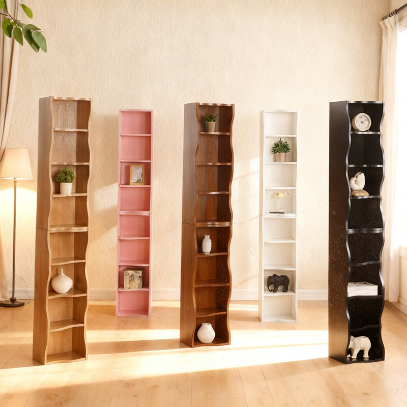Bookshelf 8-Tier Adjustable Display Rack, Thin Open Shelf with Wave Border Design & Anti-Tip Hardware, Versatile Tall Storage Unit for Home Office, Living Room & Narrow Spaces