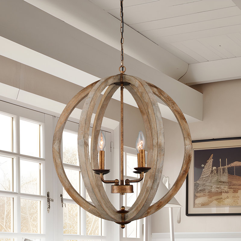 Lustre sphérique unique à 4 lumières avec accents en bois