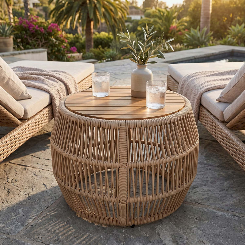 Table d'appoint ronde en bois d'acacia avec structure en corde beige clair, plateau en teck, capacité de 150 lb, aucun assemblage requis, table d'appoint résistante aux intempéries pour le patio et le salon
