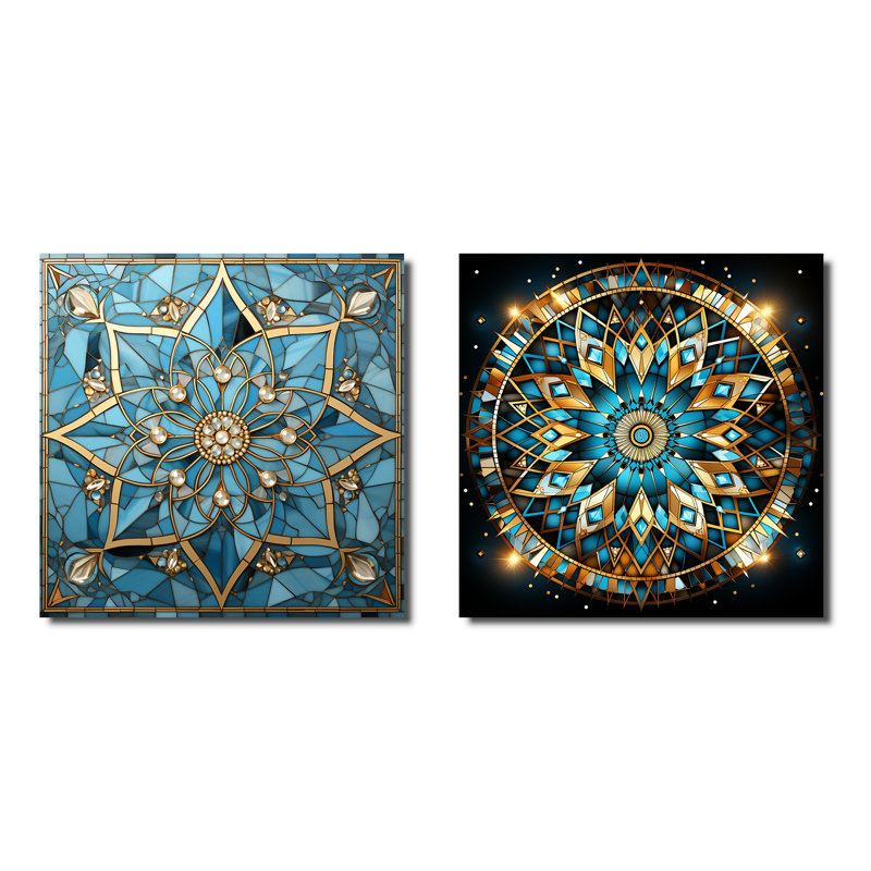 Mandala I bleu et or - Impressions métalliques carrées, ensemble de 2, H 23 po x l 46 po