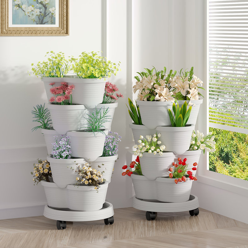 Jardinière verticale 2 pièces Soban Strawberry, tour de jardin empilable à 5 niveaux, pot à fleurs empilable avec poteau de soutien intérieur et extérieur