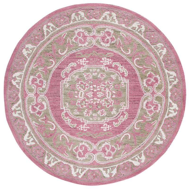 Tapis oriental en laine / coton 401 touffeté à la main olive / rose, Rond 6 pi