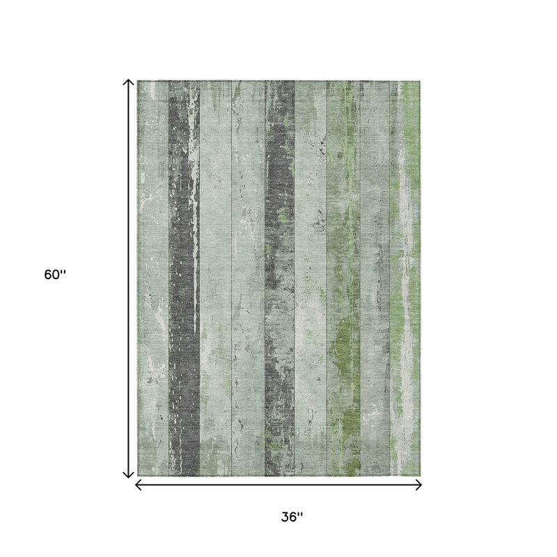 3' X 5' Artichoke Green And Gray Striped Washable Indoor Outdoor Area Rug