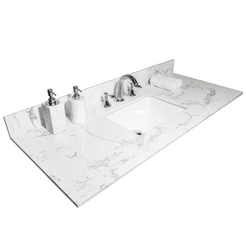 Dessus de meuble-lavabo en pierre 43X22 avec marbre blanc Allure - Pierre d'ingénierie, lavabo en céramique et dosseret sous le comptoir