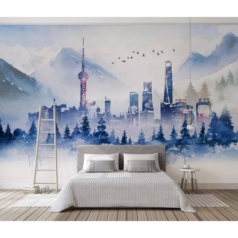 Papier peint amovible moderne Watercolor Cityscape Skyscraper, L 105,96 po x l 187 po