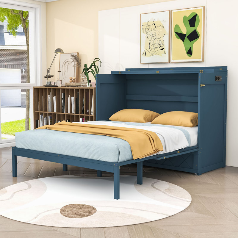 Grand lit escamotable en bois avec ports USB et tiroir de rangement