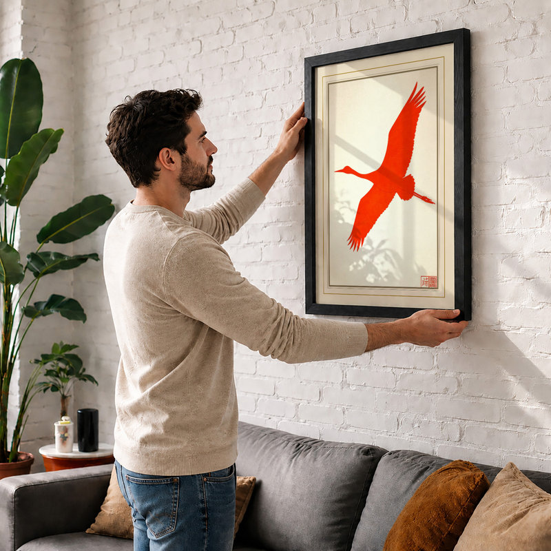 Flying Red Bird Japandi - Framed Print, A4 - 29.7 x 21.0 cm, White