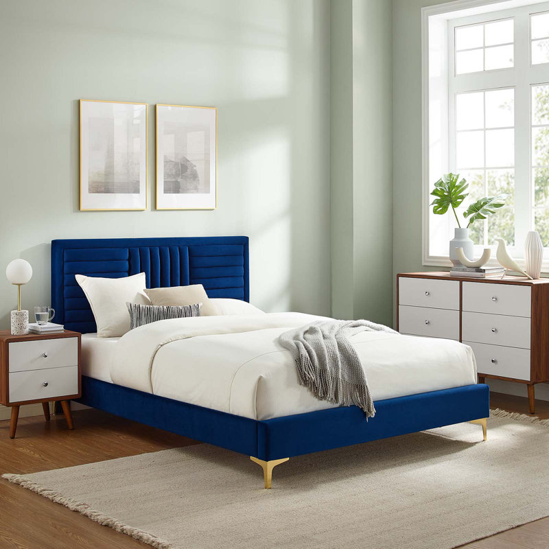 Modway Sofia Channel Tufted Performance Velvet Platform Bed, Queen, Navy