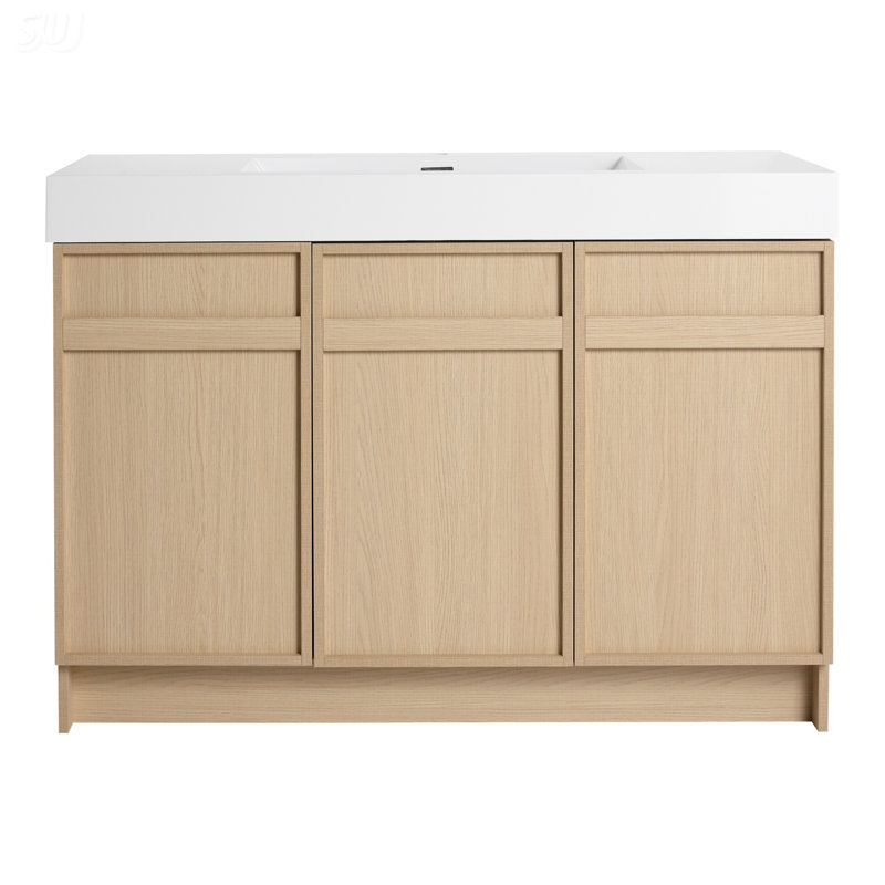 Meuble-lavabo autoportant de 48 pouces avec lavabo en résine blanche et trois portes d'armoire à fermeture en douceur pour un grand rangement