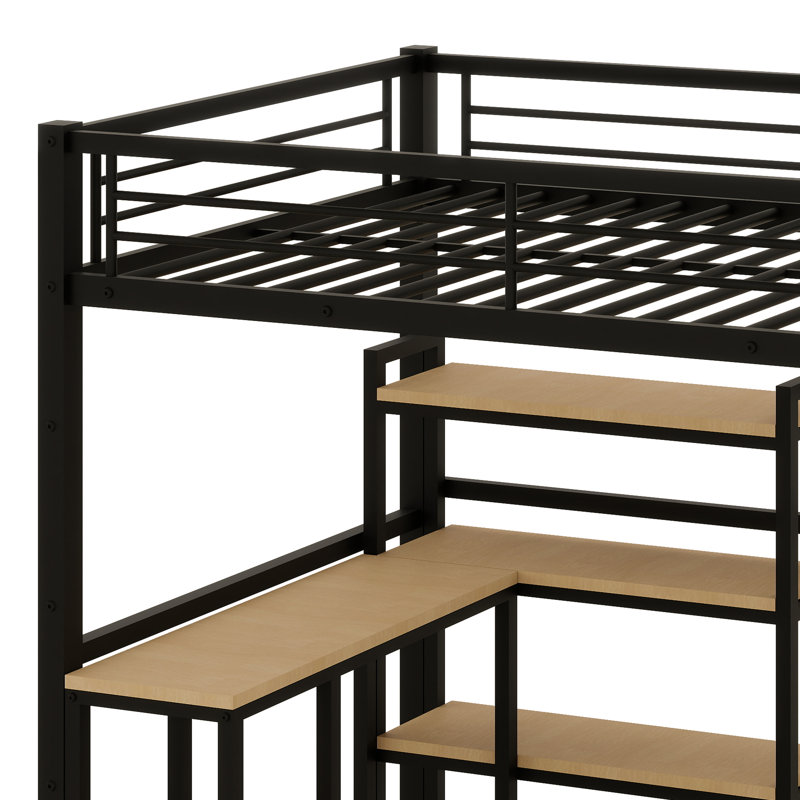 Élégant lit mezzanine en métal avec bureau intégré et tablettes de rangement