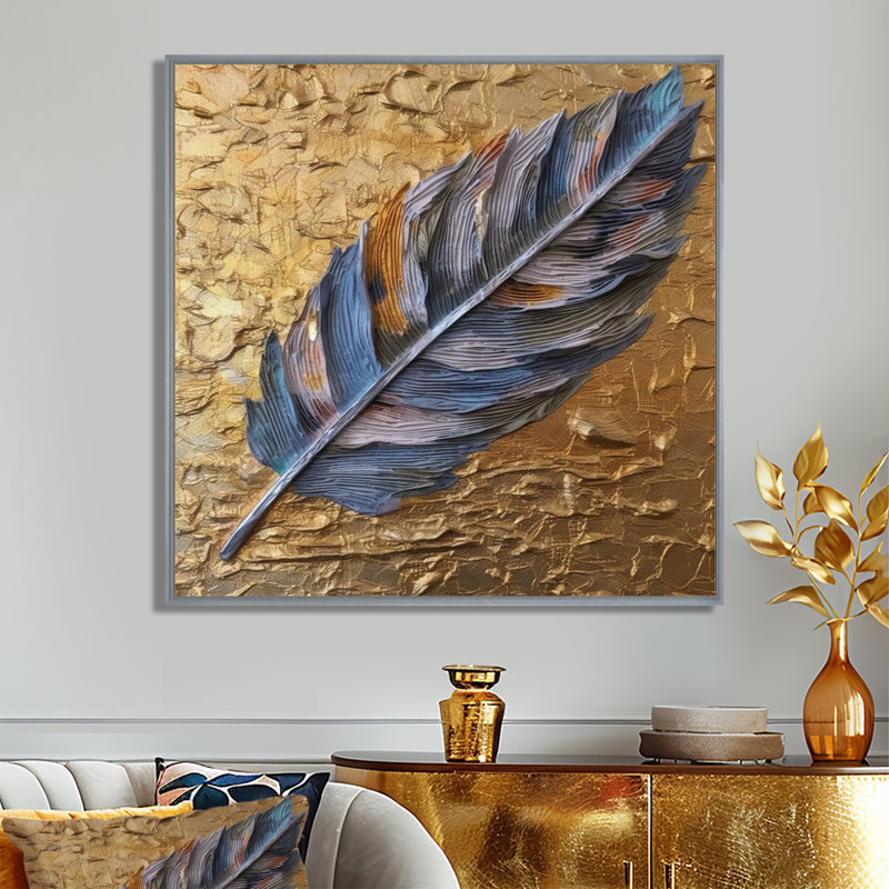 Boho Glam, exquise plume bleue sur toile, impressions sur toile, H 30 po x l 30 po x P 1 po, Cadre argenté flottant