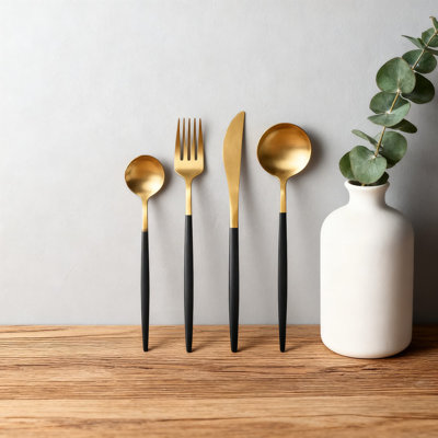 Ensemble de couverts 40 pièces noir et or mat, service de couverts en acier inoxydable pour 8 avec finition satinée, ensemble de couverts allant au lave-vaisselle pour la maison et le restaurant