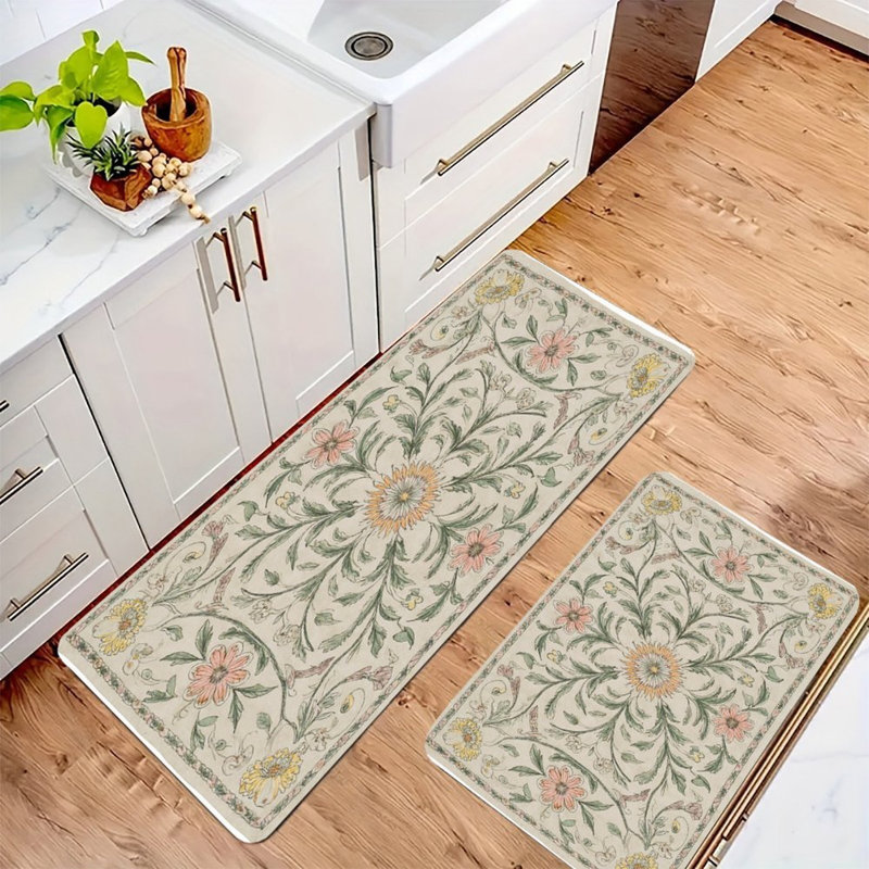 Vintage Floral Vine 2-Piece Kitchen Floor Mats, Pink Floral