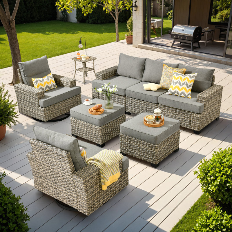 Outdoor Wicker 5 - Person Modular Patio Conversation Set with Cushions, Dark Gray