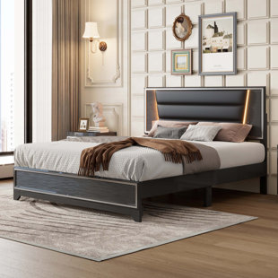 PU Upholstered Bed, Headboard With LED Light Strips And Sparkling Shiny Decoration, No Box Spring Required