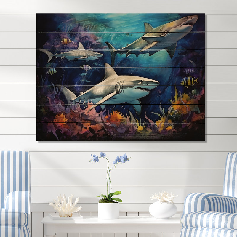 Shark Haven Under Water, peinture sur bois de requin sur bois de pin naturel, H 10 po x l 20 po