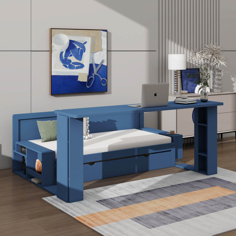 Lit de jour en bois pour grand lit avec tiroirs de rangement intégrés, bureau amovible et table d'appoint hydraulique, Bleu
