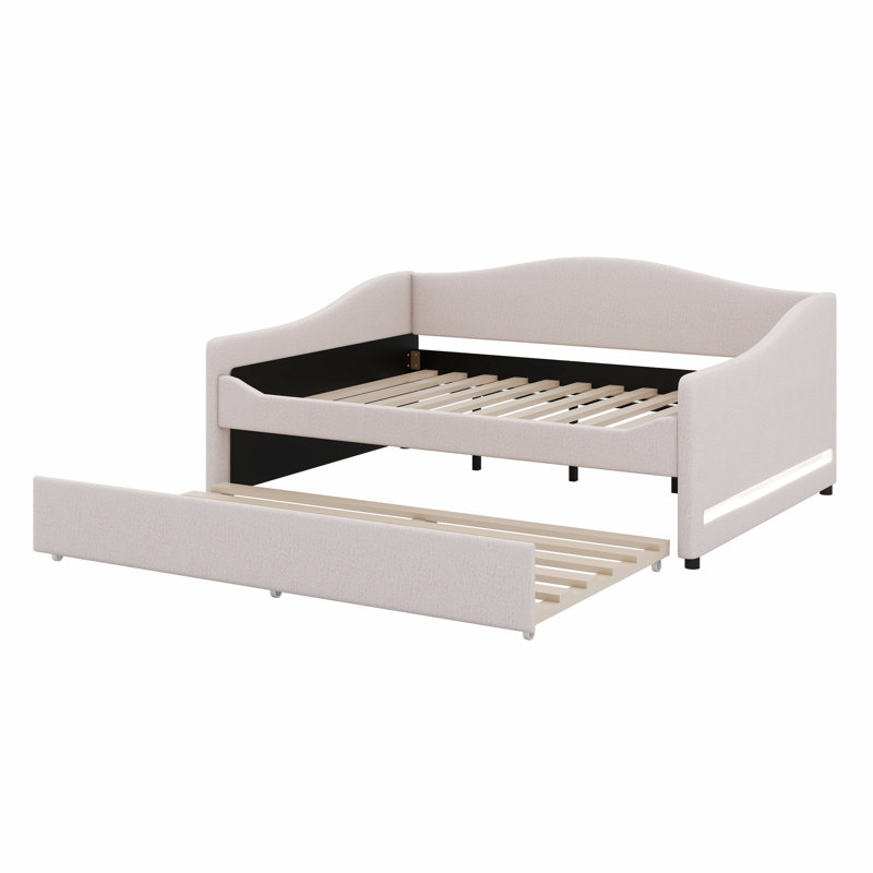 Full Size Upholstered Daybed With Light And Trundle, Beige