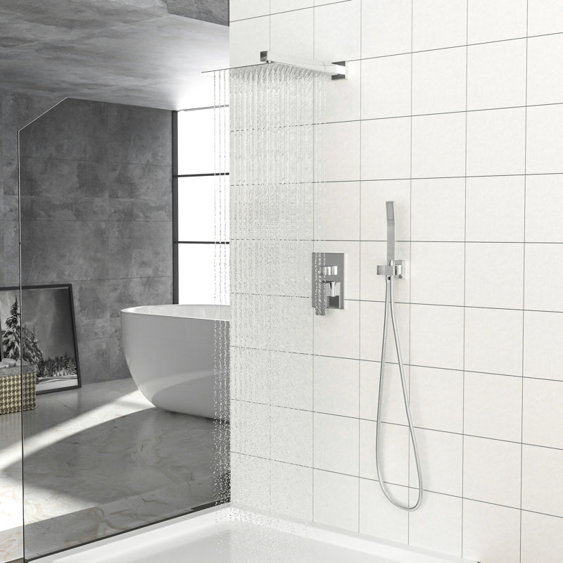 12 Inch Square Shower System With Dual - Wall Mounted, Head Mounted, Silver