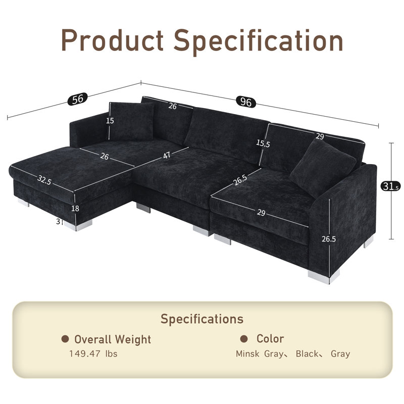 Canapé modulaire en tissu chenille 4 places, Chenille noir