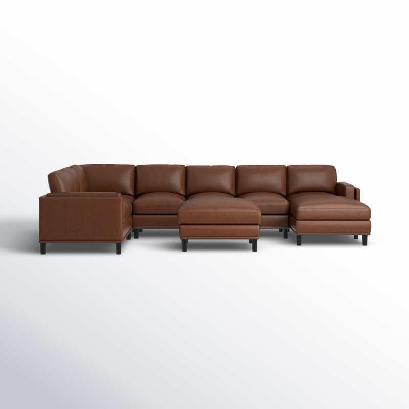 Agatina 148" Wide Leather Match Left Hand Facing Corner Sectional with Ottoman, Brown