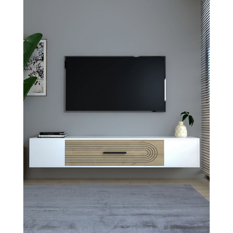 Meuble télé, Blanc/naturel, H 33,2 po x l 150 po x P 29,6 po