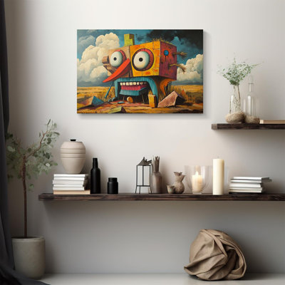 Abstract Canvas Wall Art Contemporary Cartoonish House Design Expressive Eyes Whimsical Sky Background Modern Wall Decor For Living Room Bedroom Bathr