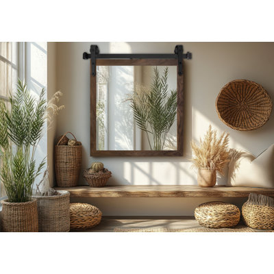 Ozark Hardwood Walnut Mirror With Steel Barn Door Rail