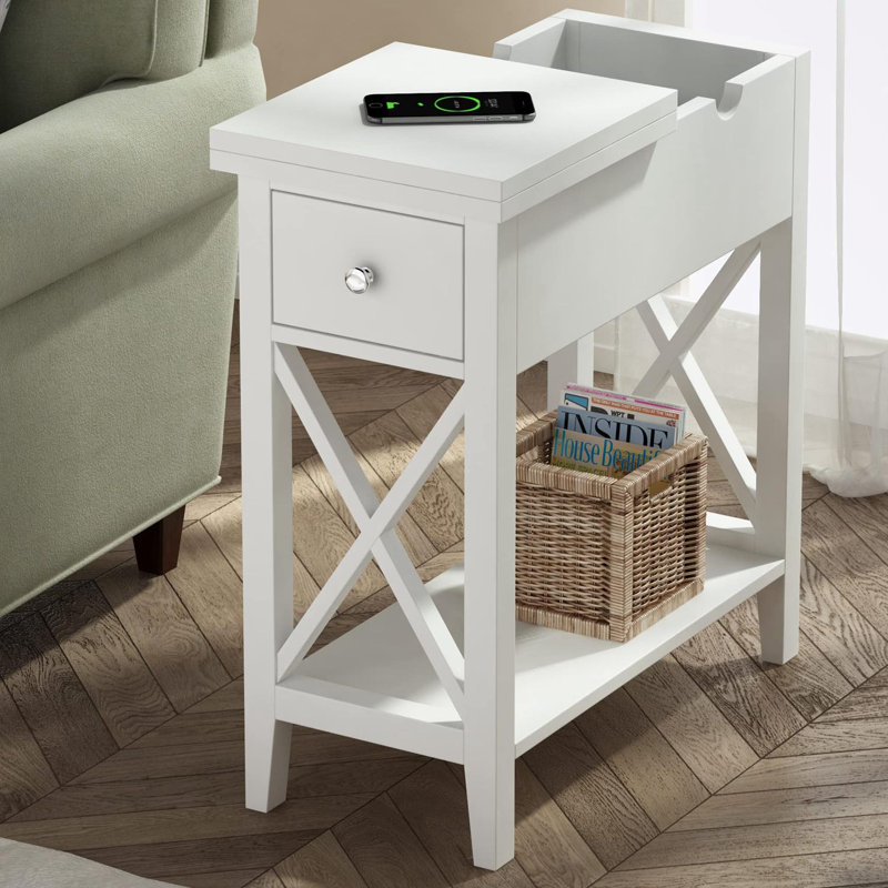 Table de bout avec 2 tiroirs et tablette de rangement ouverte, Blanc