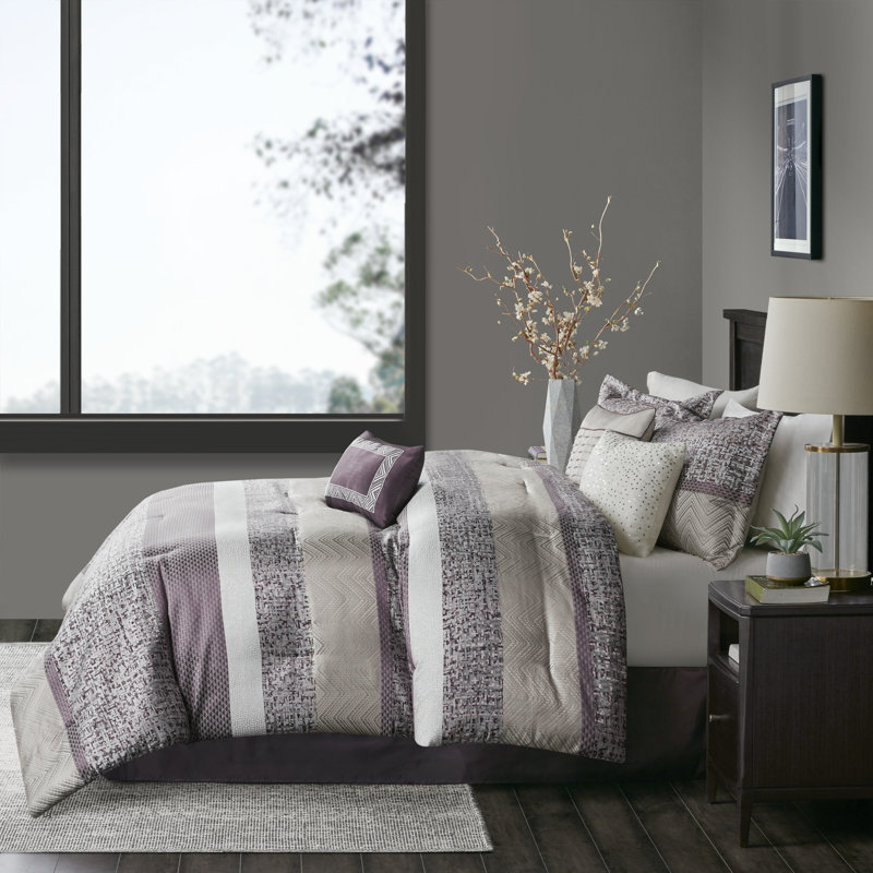 Rhapsody 7 Piece Jacquard Comforter Set, Cal. King Comforter + 6 Additional Pieces, Purple