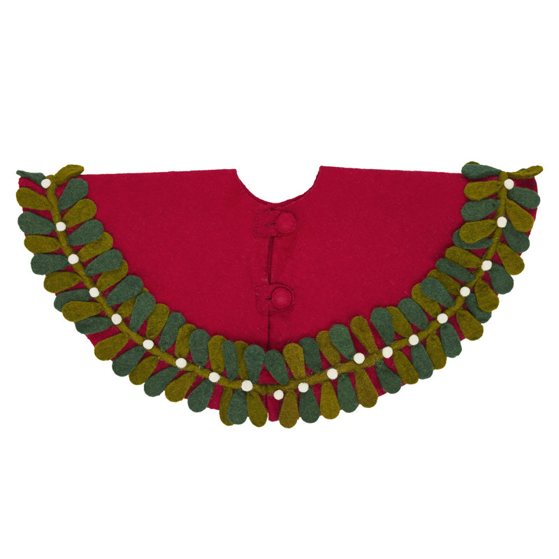 Handmade Red Felt Christmas Tree Skirt with Mistletoe Border
