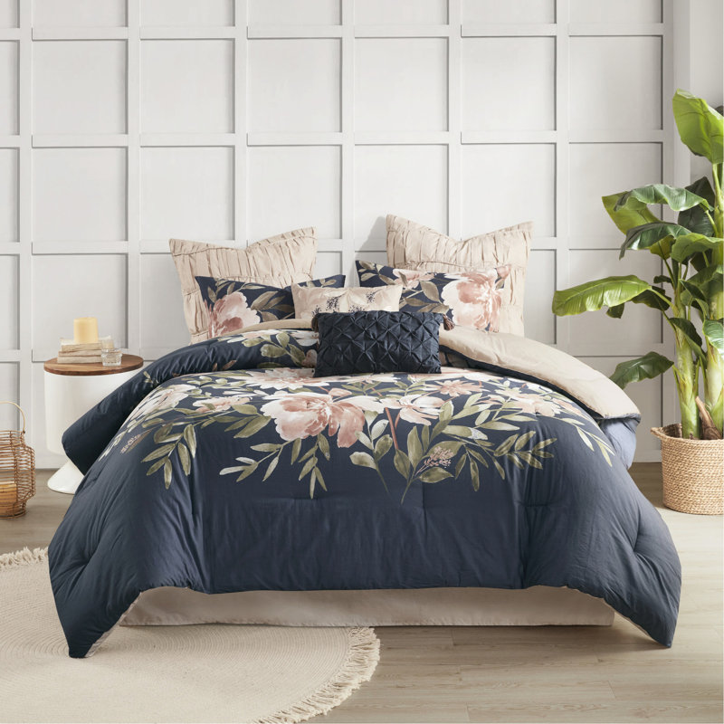 Édredon 8 pièces - très grand bleu marine, grand imprimé floral, rosé lavable à la machine, vapeur, Marine