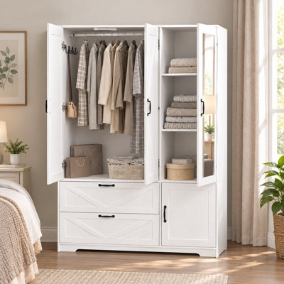 71.65"H Farmhouse Armoire Wardrobe with Half Length Mirror and 2 Automatic Motion Sensor Lights, Freestanding 4 Door Closet Cabinet with Hanging Rod, 2 Drawers, Adjustable shelves for Bedroom, White