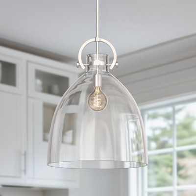 1-Light Modern Brushed Nickel Geometric Pendant Light With Clear Glass Shade For Kitchen, Dining, Or Foyer Spaces